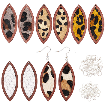 Olycraft 10Pcs 5 Style Eco-Friendly Cowhide Leather Big Pendants, with Dyed Wood, Horse Eye, with Iron Open Jump Rings & Earring Hooks, Mixed Color, 53x22x4mm, Hole: 1.2mm, 2pcs/style