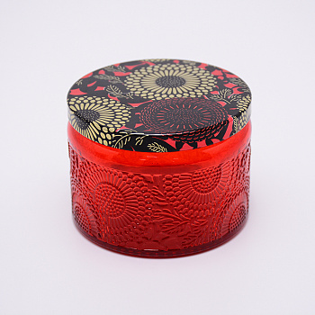 Glass Storage Box, Container for Jewelry, Aromatherapy Candle, Candy Box, with Slip-on Lid, Flower Pattern, Red, 7.1x5.2cm, Capacity: 125ml(4.23 fl. oz)