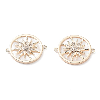 Rack Plating Brass Micro Pave Clear Cubic Zirconia Connector Charms, Cadmium Free & Nickel Free & Lead Free, Flat Round Links with Sun, Long-Lasting Plated, Real 18K Gold Plated, 24.5x20x3mm, Hole: 1.2mm
