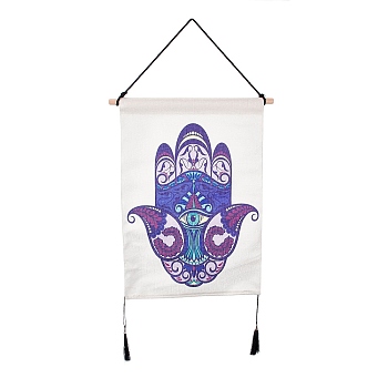Polyester Decorative Wall Tapestrys, for Home Decoration, with Wood Bar, Nulon Rope, Plastic Hook, Rectangle, Hamsa Hand Pattern, 670x348x1.2mm
