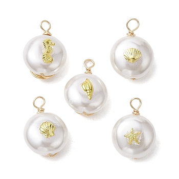 ABS Plastic Imitation Pearl Pendants, with Alloy Cabochons and Eco-Friendly Copper Wire, Mixed Shapes, 17~17.5x12~12.5x7.5~8mm, Hole: 2mm, about 5Pcs/Set