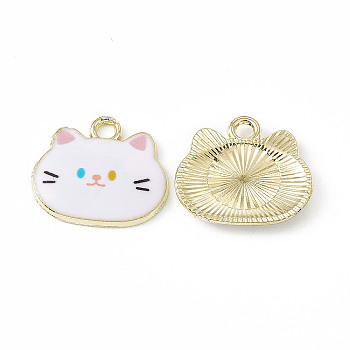Painted Alloy Pendants, Cat Charm, Cadmium Free & Nickel Free & Lead Free, Golden, White, 18x20x2.5mm, Hole: 2.3mm