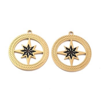 Ion Plating(IP) 304 Stainless Steel Pendants, with Enamel, Flat Round with Star Charm, Golden, Black, 30.5x28x1.5mm, Hole: 2.2mm