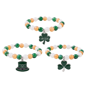 3Pcs 3 Style Resin Imiattion Cat Eye Beaded Stretch Bracelets Set, Hat & Clover Alloy Enamel Charms Stackable Bracelets for Saint Patrick's Day, Green, Inner Diameter: 2-1/4 inch(5.6cm), 1Pc/style