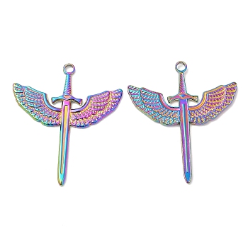 304 Stainless Steel Pendants, Sword with Wing Charm, Rainbow Color, 41.5x35.5x2mm, Hole: 3mm