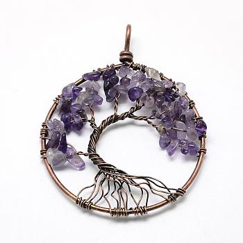 Natural Amethyst Chip Big Pendants, with Brass Wires, Tree, Red Copper, 62~65x48~53x5~10mm, Hole: 4mm