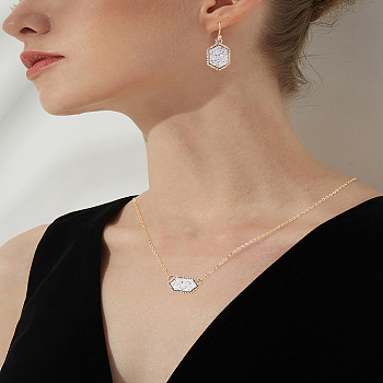 Hexagon Alloy Resin Pendant Necklaces and Dangle Earrings Sets for Women, White, 17.60 inch(44.7cm)