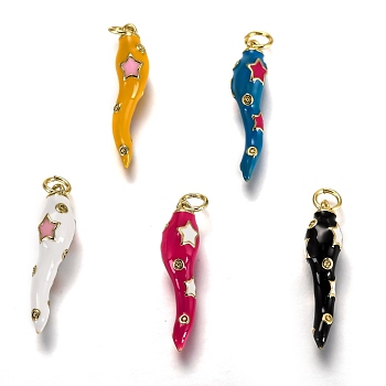 Brass Enamel Pendants, Long-Lasting Plated, Real 18K Gold Plated, Horn of Plenty, Italian Horn Cornicello, Mixed Color, 26x6x6mm, Hole: 3.3mm