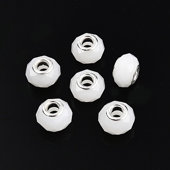 Imitation Jade Glass European Beads, Large Hole Beads, with Brass Cores, Faceted, Rondelle, White, 13.5~14x9~9.5mm, Hole: 5mm