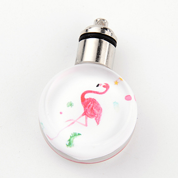 Glass Luminous Pendants, Cadmium Free & Lead Free, Built-in Battery, with Alloy Findings, Flat Round with Flamingo Pattern, Platinum, Cerise, 38x24.5x12mm, Hole: 1.5mm