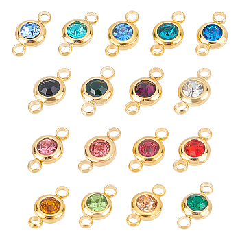 17Pcs 17 Colors 304 Stainless Steel Rhinestone Links/Connectors, Flat Round, Golden, Mixed Color, 12x6.5x4mm, Hole: 2mm, 1pc/color