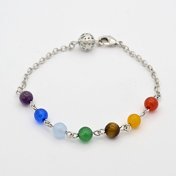 Trendy Gemstone Beaded Bracelets, with Brass Findings and Lobster Claw Clasps, 7-5/8 inch(19.5cm)