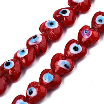 Handmade Evil Eye Lampwork Beads Strands, Heart, Dark Red, 12~12.5x12~13x7.5mm, Hole: 1.2mm, about 33pcs/strand, 14.76 inch(37.5cm)