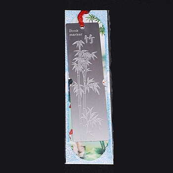 Stainless Steel Bookmarks, with Polyester Tassel, Rectangle with Bamboo Pattern, Stainless Steel Color, 120x30x0.3mm
