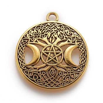 Tibetan Style Hollow Alloy Pendants, Lead Free & Cadmium Free, Flat Round withTriple Moon Goddess, Pagan Jewelry, Antique Golden, 39x34x1.5mm, Hole: 3mm