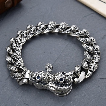 Tibetan Style Alloy Skull Link Chain Bracelet Men, Antique Silver, 8-5/8 inch(22cm)