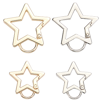 8Pcs 4 Styles Zinc Alloy Spring Gate Rings, Star, Platinum & Light Gold, 36~45x33.5~41x4mm, Hole: 8~10x10~12.5mm, 2pcs/style