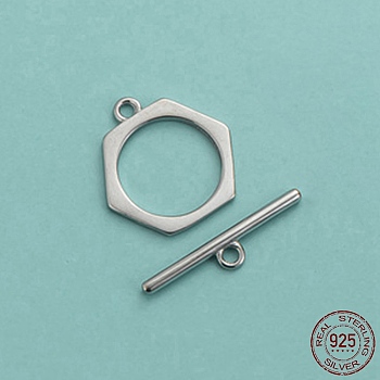 Rhodium Plated 925 Sterling Silver Toggle Clasps, Hexagon, Platinum, Hexagon: 13.2mm, Hole: 1.4mm, Bar: 16.8mm, Hole: 1.4mm
