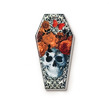 Halloween Printed Acrylic Pendants, Coffin Charm, Skull, 41x21x2.5mm, Hole: 1.8mm