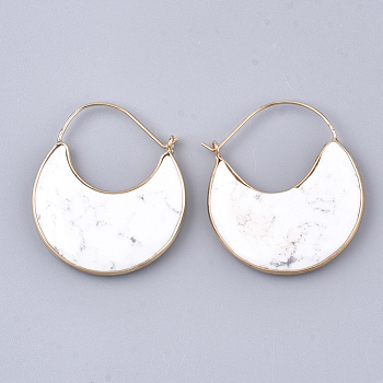 Natural Howlite Crescent Moon Dangle Hoop Earrings, with Brass Findings, Faceted, 44~51x36.5x4~6mm, Pin: 1mm