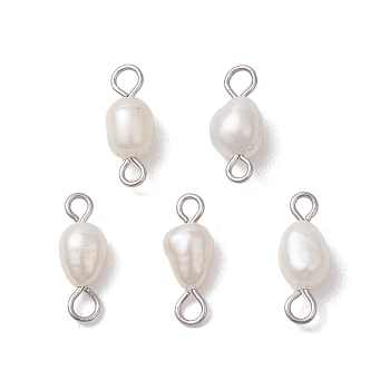 Natural Freshwater Pearl Potato Connector Charms, with 304 Stainless Steel Double Loops, White, Stainless Steel Color, 11x4.5x4.5mm, Hole: 2mm