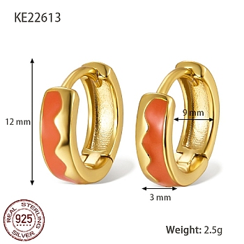 925 Sterling Silver Thick Hoop Earrings, with Enamel, for Women, Real 18K Gold Plated, Dark Orange, 12x3mm
