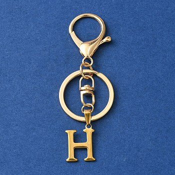 304 Stainless Steel Initial Letter Charm Keychains, with Alloy Clasp, Golden, Letter H, 8.5cm