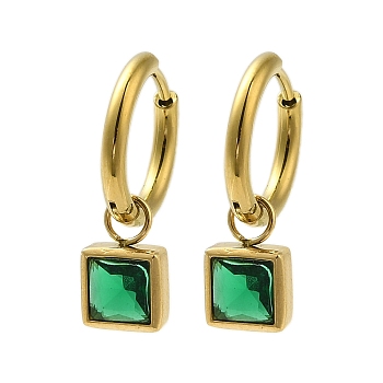 304 Stainless Steel Micro Pave Cubic Zirconia Earrings for Women, Square, Green, 14x2mm, Pin: 1mm