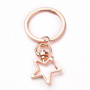 Iron Star Keychain, with Alloy Split Key Rings, Rose Gold, 6.9cm
