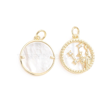 Golden Clear Flat Round Brass+Cubic Zirconia+Shell Pendants