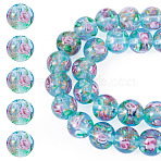 1 Strand Handmade Glod Sand Lampwork Beads Strands, Round with Flower, Pale Turquoise, 10mm, Hole: 1mm, about 40pcs/strand, 14.96''(38cm)(LAMP-TA0002-09G)