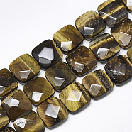 Natural Tiger Eye Beads Strands, Faceted, Square, 12x12x4.5~5mm, Hole: 1mm, about 17pcs/strand, 8.0''(G-S357-D02-01)
