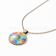 Rainbow Pride Necklace, Flat Round with Pattern Pendant Necklace for Men Women, Antique Bronze, Flower Pattern, 20.08 inch(51cm) (NJEW-F290-01K)