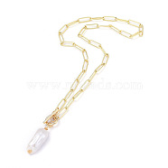 Natural Baroque Pearl Keshi Pearl Pendant Necklaces, with 304 Stainless Steel Toggle Clasps, Brass Paperclip Chains and Cardboard Boxes, Golden, 16.73 inch(42.5cm), pearl: 13~20mm long, 6~10mm wide(NJEW-JN02814)