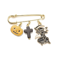 Halloween Pumpkin & Plague Doctor Alloy Enamel Charm Safety Pin with Synthetic Turquoise Cross, Brass Sweater Shawl Clips for Women, Golden, Colorful, 52x50x5mm(JEWB-BR00069-02)