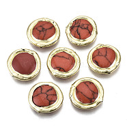 Dyed Synthetic Turquoise Beads, Edge Golden Plated, Flat Round, Indian Red, 19~20x5~6mm, Hole: 0.9mm(G-N329-003B)