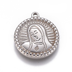 304 Stainless Steel Pendants, Flat Round with Virgin Mary, Antique Silver, 21x18x3mm, Hole: 1.6mm(STAS-F222-001AS)