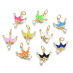 Brass Micro Pave Cubic Zirconia Enamel Pendants, with Jump Rings, Cadmium Free & Nickel Free & Lead Free, Real 16K Gold Plated, Light Gold, Crown, Mixed Color, 19x15x3mm, Jump Ring: 5x1mm, 3mm inner diameter, Charm: 7x4.5x3mm(KK-Q283-017-NR)