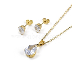 Vacuum Plating 304 & 201 Stainless Steel Cubic Zirconia Jewelry Sets, Pendant Necklaces and Stud Earrings, Heart, Teardrop, 17.64 inch(44.8cm), 7x5mm(SJEW-F146-02G-02)