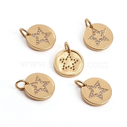 Brass Micro Pave Clear Cubic Zirconia Charms, with Jump Rings, Flat Round with Star, Golden, 11.5x1.5mm, Hole: 3.5mm(ZIRC-L091-028G)