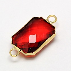 Golden Tone Brass Glass Rectangle Links connectors, Faceted, Orange Red, 22x10x5mm, Hole: 2mm(GLAA-M008-B-18G)