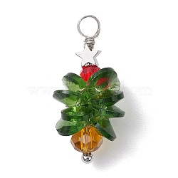 Christmas Theme Glass Pendants, with Brass Star Findings, Christmas Tree, Silver, 33~35x17mm, Hole: 4mm(PALLOY-JF02866)