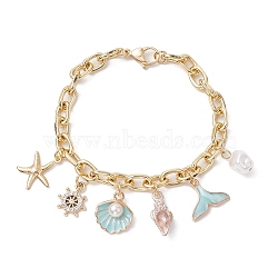 Summer Beach Starfish & Shell Shaped Alloy Enamel & ABS Plastic Imitation Pearl Charm Bracelets, Ocean Theme Brass Cable Bracelets for Women, Golden, 7-1/4 inch(18.5cm)(BJEW-JB10539)