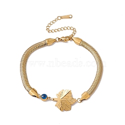 Enamel Evil Eye Link Bracelet with Flat Snake Chains, 304 Stainless Steel Jewelry for Women, Golden, Leaf Pattern, Leaf: 18.5x23x1.5mm, 7-5/8 inch(19.5cm)(BJEW-P284-06C-G)
