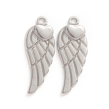 304 Stainless Steel Pendants, Wing with Heart, Stainless Steel Color, 26x10x1.5mm, Hole: 1.6mm