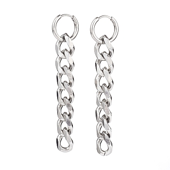 304 Stainless Steel Huggie Hoop Earrings, Curb Chain Tassel Earrings, Stainless Steel Color, 65mm, Pin: 1mm