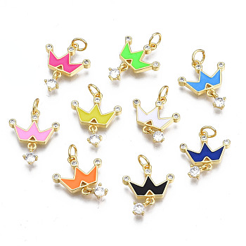 Brass Micro Pave Cubic Zirconia Enamel Pendants, with Jump Rings, Cadmium Free & Nickel Free & Lead Free, Real 16K Gold Plated, Light Gold, Crown, Mixed Color, 19x15x3mm, Jump Ring: 5x1mm, 3mm inner diameter, Charm: 7x4.5x3mm