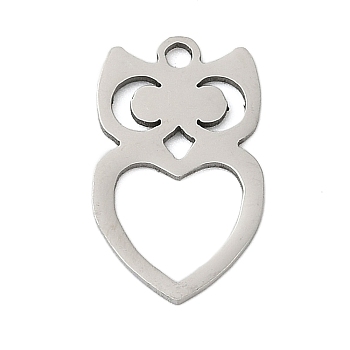 201 Stainless Steel Pendants, Owl Charms, Stainless Steel Color, 16.5x10x1mm, Hole: 1.4mm