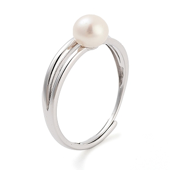 Round Natural Pearl Finger Rings, Rhodium Plated 925 Sterling Silver Adjustable Ring for Women, Platinum, Inner Diameter: 17mm