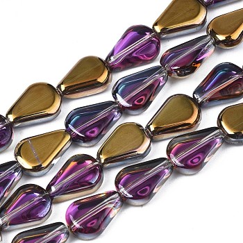 Electroplate Glass Beads Strands, Half Plated, Teardrop, Golden Plated, 11x8x3.5mm, Hole: 0.9mm, about 59~61pcs/strand, 24.80 inch~ 25.59 inch(63~65cm)